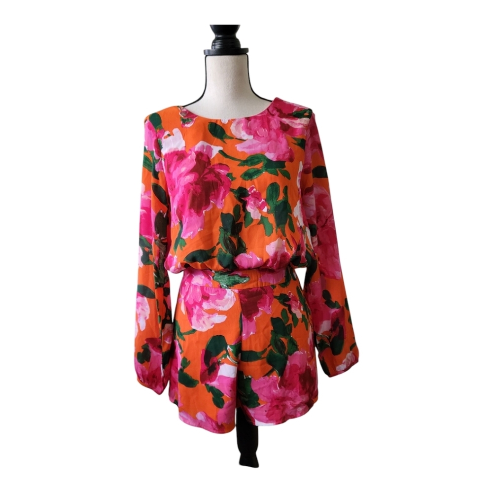 💕Lulu's Sweetest Song Orange Floral Print‎ Backless Long Sleeve Romper Siz… - Picture 3 of 8